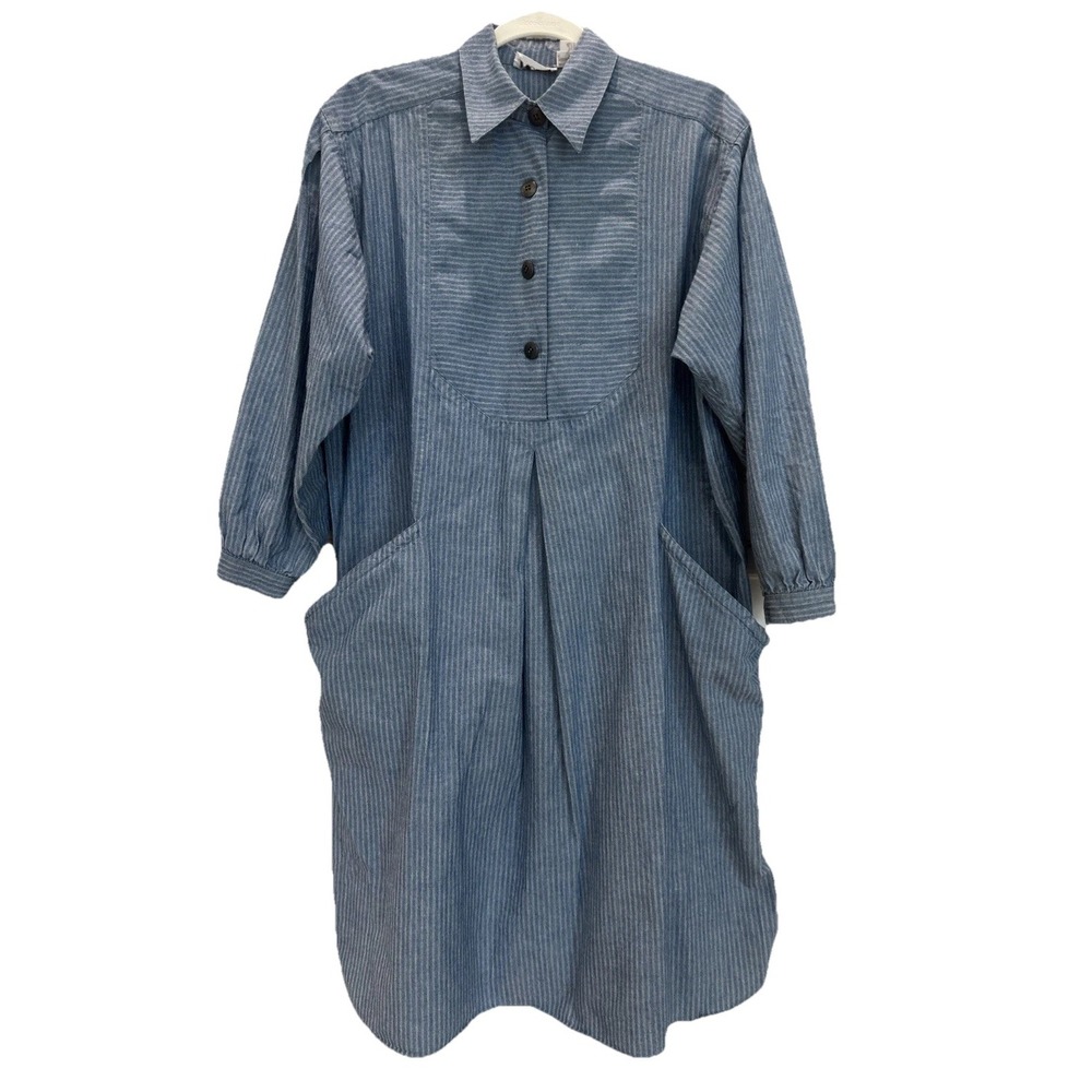 VTG Pia Rucci Dress Japanese Mori Kei Bib Front Blue Stripes Large pockets